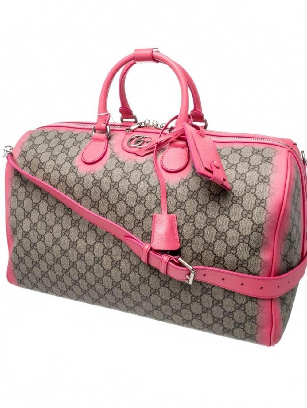 Gucci GG Monogram Canvas Travel Bag with Pink Leather Trim Shoulder Strap